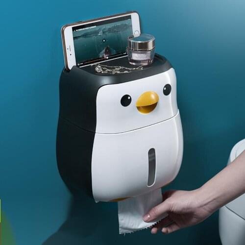 Portable Toilet Paper Holder Penguin Tissue Box Wall Mounted Roll Paper Shelf Bathroom Accessories Set Waterproof Storage