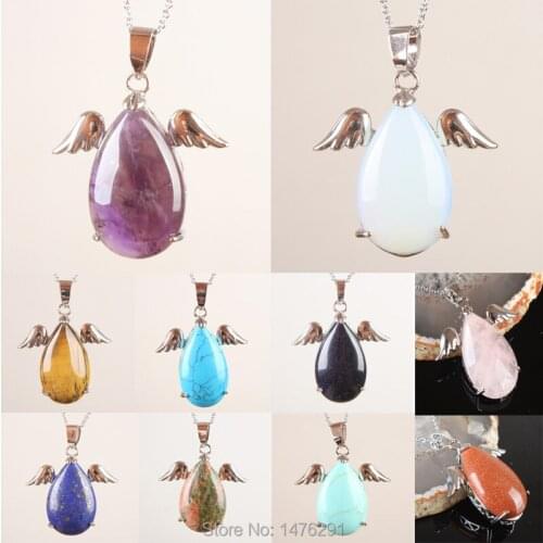 Lovely Rose Pink Quartz Tiger Eye Onyx Howlite Stone Opal Angel wings Bead Pendant 1PCS