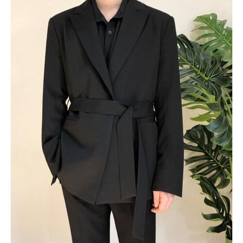 Spring Autumn Mens Black Smart Casual Blazers Jacket Single Button With Belt Coat M14