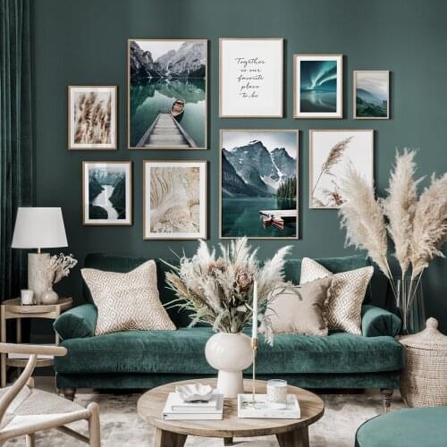 Scandinavian Nature Landscape Wall Art Poster Mountain Lake Boat Print Nordic Painting Decorative Picture Modern Home Decoration