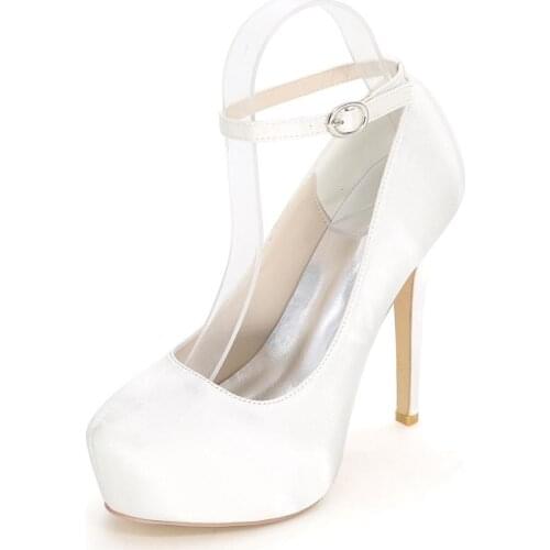 Only 1 pair - size 38 White platform satin evening dress shoes round toe bridal wedding prom party 5'' high heels ankle strap