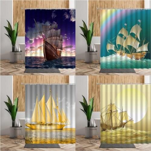 Sailboat Waterproof Shower Curtain Sets Sea Navigation 3D Bathroom Home Decor Backdrop Fabric Polyester Bath Curtains With Hooks