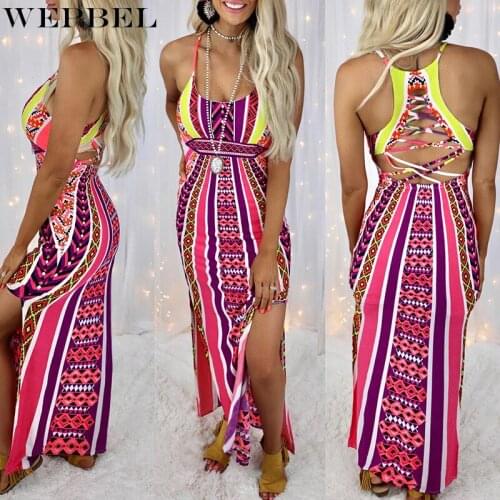 WEPBEL Women Elegant Summer Patchwork Print Strap Dress Ladies Sexy Sleeveless Halter Hollow Out High Split Long Dress