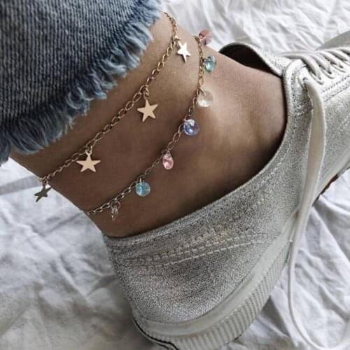 Women 2Pcs/Set Boho Star Colorful Rhinestone Charm Sandal Anklet Ankle Bracelet For Female Foot Jewelry
