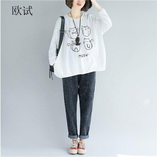 Women Cartoon Cat hoodies Korean Sweatshirt Hoodies Harajuku Kawaii Sweatshirts Cute Loose Autumn Tops Clothes 2020