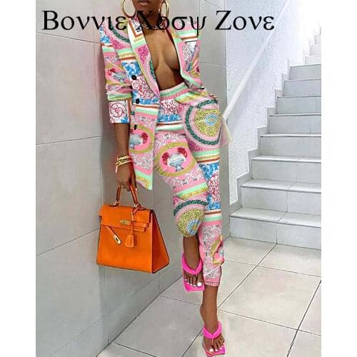 Scarf Print Shawl Collar Buttoned Blazer & Pants Set Spring Autumn Turn Down Collar 2PCS Fashion Womens Workwear Jacket Suit