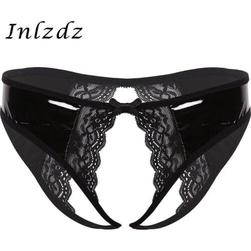 Womens Erotic Lingerie Sexy Underwear Wet Look Patent Leather Low Rise Crotchless with Lace Edge Cheeky Hipster Briefs Panties