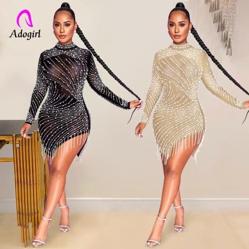 Beading Women Mini Dress Sheer Mesh Long Sleeve Solid 2021 Autumn Turtleneck Dresses Sexy See Through Night Club Party Vestidos