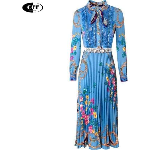 Runway Designer woman Midi dress Autumn Womens elegant Long sleeve Bow collar Lace Pearl Print Vintage Pleated party Dresses