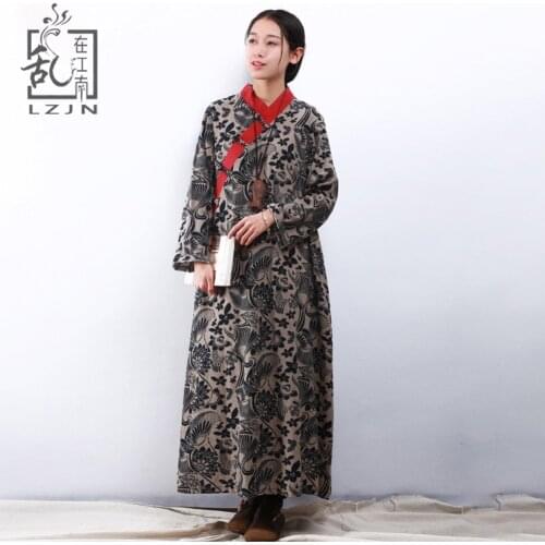 LZJN Chinese Hanfu Style Vintage Floral Dress 2020 Spring Autumn Maxi Dresses Women Contrast Collar Chic Cotton Linen Robe Femme