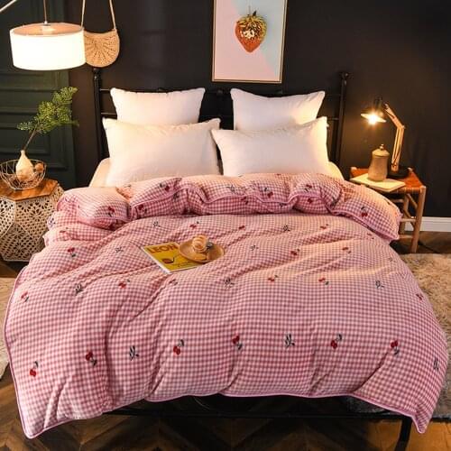 Pink Cherry Winter Flannel Quilt Cover 1pcs Soft Worm Coral Fleece Comforter Cover Thickening Warm Duvet Bedding Cover