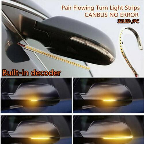 2 Pcs 32 LED Amber 12V Car Rear Mirrors Flexible Flowing Turn Signal Light Strip Built-in Decoder