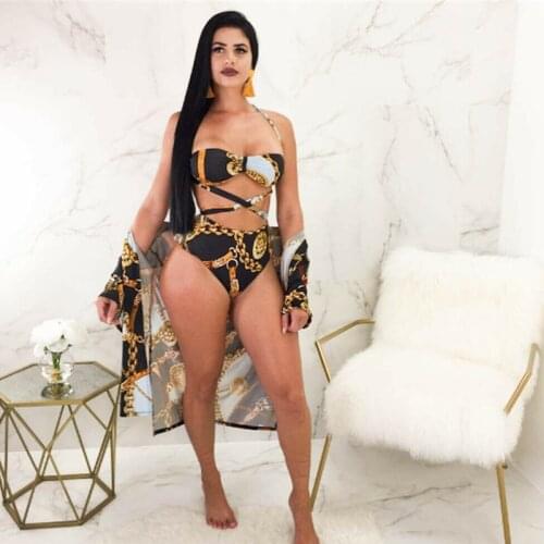 2019 Women Bikini Push Up Swimsuit Bandage Swimming Suit Padded Hight Waist Swimwear Chains Print Summer Bathing Beachwear