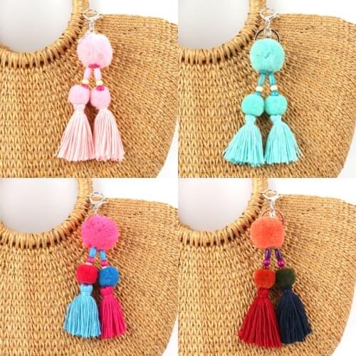 1pc Boho Keyring Colorful Beads Tassel Pompom Pendant Car KeyChains Bohemian Accessories For Women Bag E2350-E2353