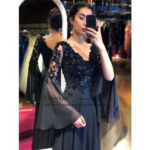 Black Elegant Evening Dress A-Line Flare Sleeve V-Neck Lace Appliques Sequined Backless Floor Length Party Prom Gown 2021