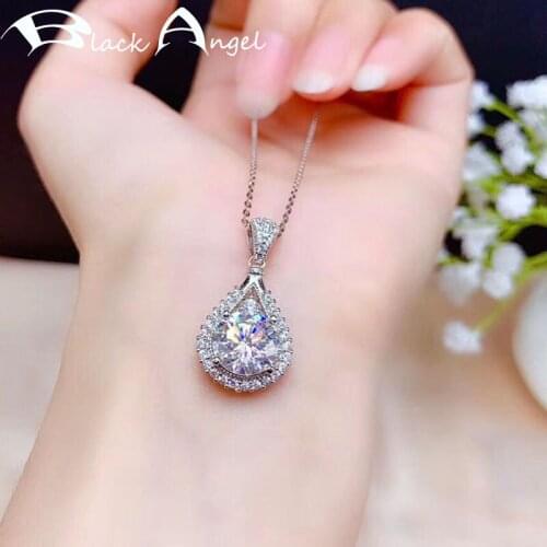 BLACK ANGEL Female Super Shiny Created Moissanit 925 Sterling Silver Luxury Gemstone Pendant Necklace for Women Wedding Jewelry