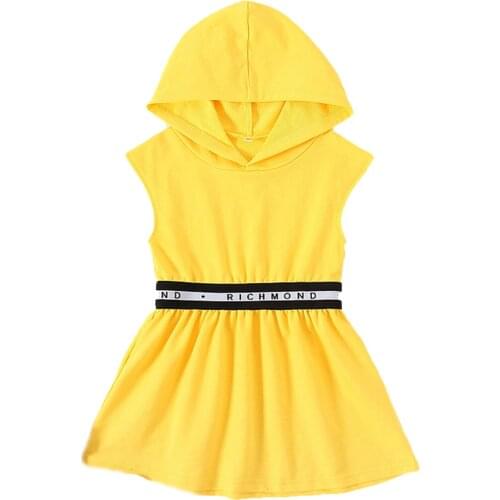 Citgeett Summer Kids Baby Girls Sleeveless Hooded Dress Yellow Letter Print Elastic Waist Sweatshirt Dress Clothes