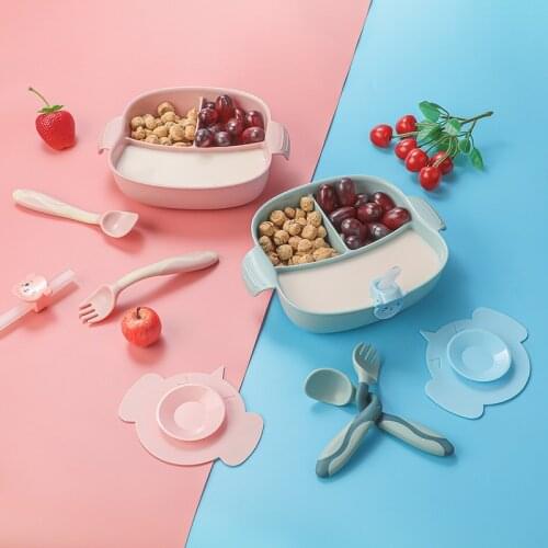 Baby bowl+spoon+fork+straw Feeding Food Tableware BPA Free Kids Dishes Baby Eating Dinnerware Set Anti-hot Training Plate