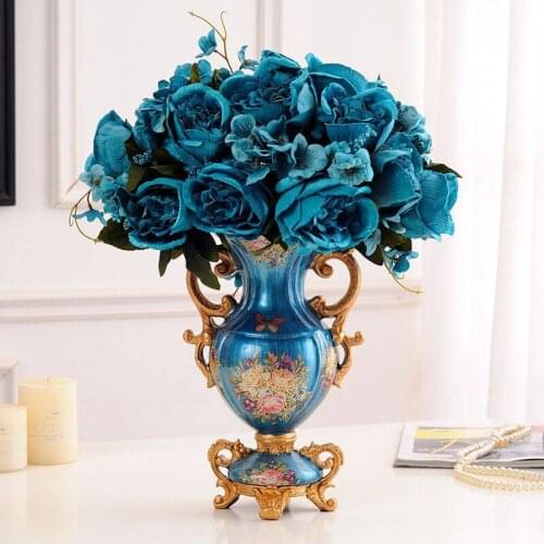 European Resin Vase+Artificial Flower Set Decor Home Livingroom Model Room Furnishings Decoration Crafts Hotel Office Figurines