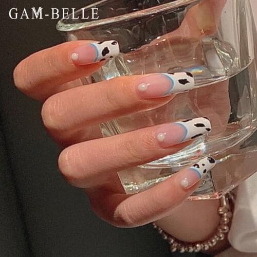 GAM-BELLE Fake Nails with Designs Coffin Artificial Nails Tips Cow Pattern 3D Pearl Press On Nail Art Decoration Manicure Tools