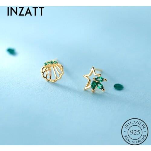 INZATT Real 925 Sterling Silver Zircon Star Shell Stud Earrings For Fashion Women Asymmetry Fine Jewelry Punk Accessories