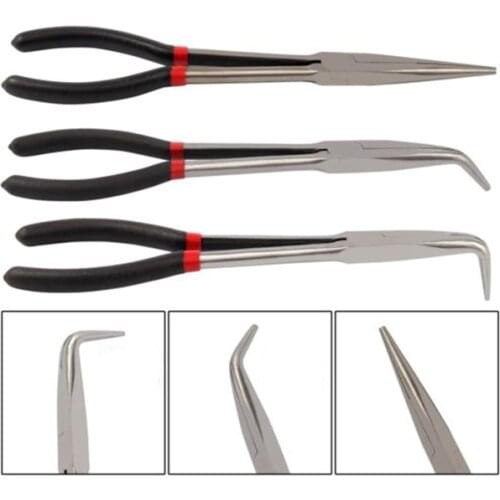 3X 11 inch EXTRA LONG NOSE PLIERS SET STRAIGHT & BENT TIP MECHANIC GRIP HAND TOOL