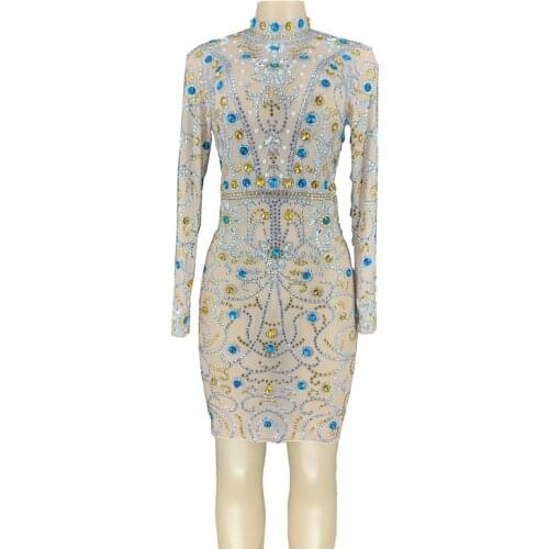 New Sparkly Rhinestones Transparent Dresses Women Birthday Evening Prom Party Dress Bodycon Stage Dance Wear Sexy See Through