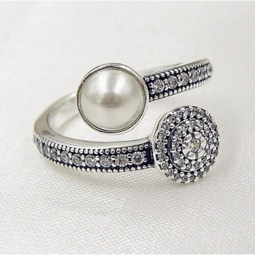 Authentic S925 Luminous Glow Ring White Pearl & Crystals For Women Wedding Party fit Lady Fine Jewelry