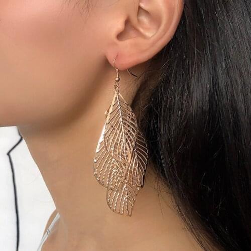 Hollow Multi-Layer Leaf Simple Retro Tassel Golden Silver Plated Women Dangle Earrings & Drop Earrings