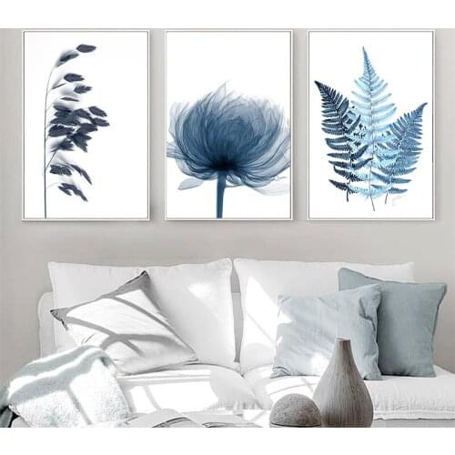 Scandinavian Aesthetic Room Decor Poster And Prints Wall Canvas Art Water Color Blue Leaves Wall Picture Painting Still life
