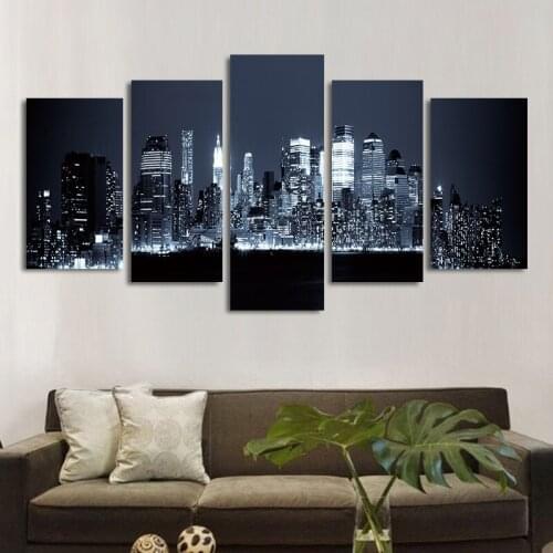 Modern Poster 5 Pieces Black And White City Night View Canvas Painting Wall Art Cuadros Decor Pictures For Living Room Unframed