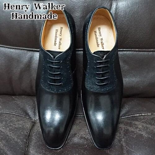 Luxury Men Oxford Shoes Lace up Pointed Toe Brown Black Genuine Leather Mens Dress Shoes Office Suede Patchwork Formal Shoes Men