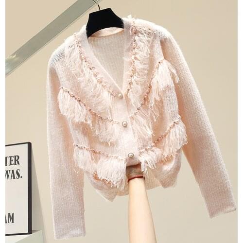 2020 New Fall Winter Sweater Women Knit Cardigan Coats Beaded Tassel Pink Sweaters Long Sleeve Loose Knitted Cardigans Tops Lady