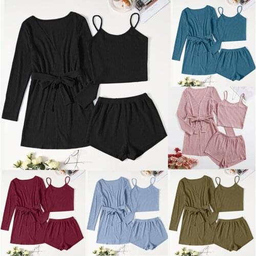 Plus Size Sexy Lingerie Women Plus 3pack Rib-knit Lounge Lingerie Set Bathrobe Sleepwear Sexy Underwear Pajamas For Women 2021