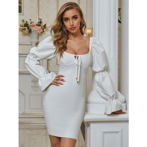 Winter Fashion Sexy U Neck Long Sleeve Backless White Bodycon Bandage Dress 2020 Designer Elegant Evening Party Dress Vestido