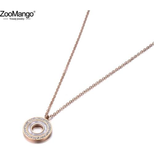 ZooMango Trendy Titanium Steel Shell Circle Charm Pendant Jewelry Rose Gold CZ Crystal Choker Wedding Necklace For Women ZN19092