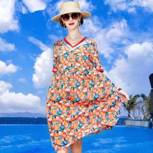 ZUOMAN Floral Mulberry Silk Midi Dress Autumn Loose 4XL Plus Size Long Sleeve Dress Women Elegant Bodycon Vestidos