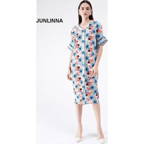 Free Plus Size Dress Pleats Materials Women Summer Dresses Laple Neck Short Flare Sleeve Single Brested Sliming Printing Dress