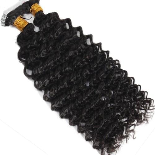 Brazilian Tape in Human Hair Extensions Deep Wave 100g 40pcs Machine Made Adhesive Tape Hair Extensions Remy Hair Black Glue on