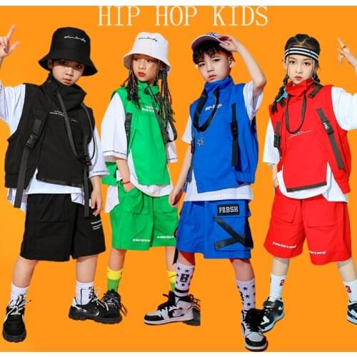 Kid Cool Hip Hop Clothes Loose Vest Tactical Cargo Shorts For Girl Jazz Dance Costume Boys Ballroom Hip Hop Rave Clothes DQS7470
