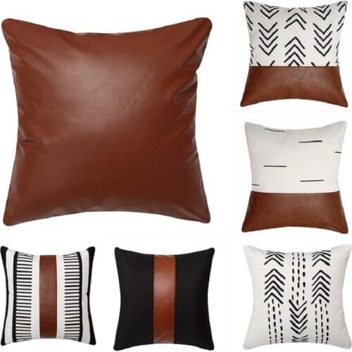 PU leather pillow Brown leather stitching canvas print sofa cushion cover 45x45cm pillowcase Sofa Decor Lumbar pillow 30x50cm