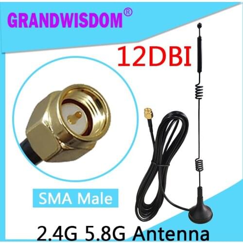 1PCS 2.4G 5.8G Wifi Antenna SMA Male plug Dual band 12dbi high-gain antena magnetic base antene 3M extension cable wi-fi router