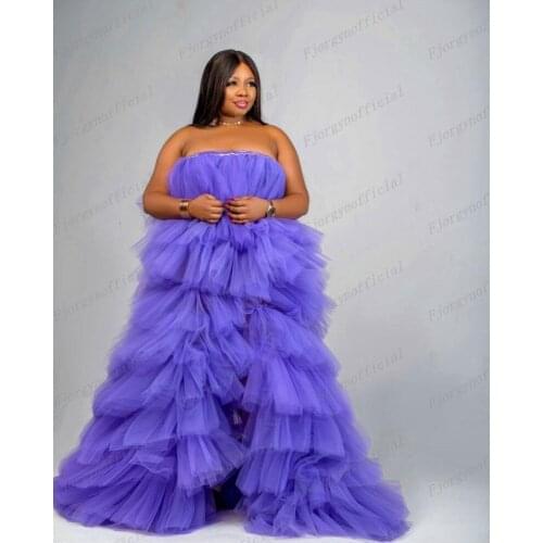 Purple Strapless Tiered Ruffles Prom Gown High Low Plus Size Womens High Street Dresses Birthday Party Dress Fashion Tulle Robe