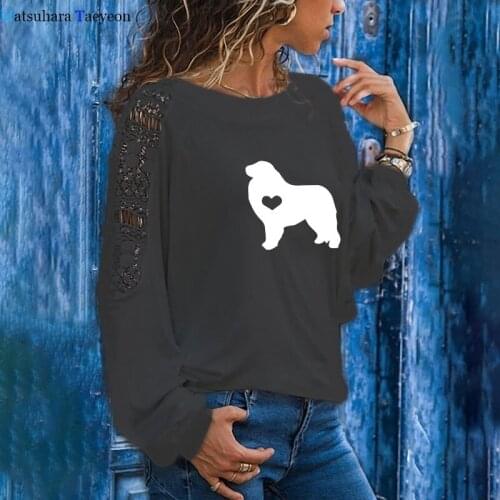 Cute Harajuku Womens Shirt Newfoundland Dog Printing T-shirt Fashion Casual Long Sleeve O-Neck Hollow Out Tee Shirt