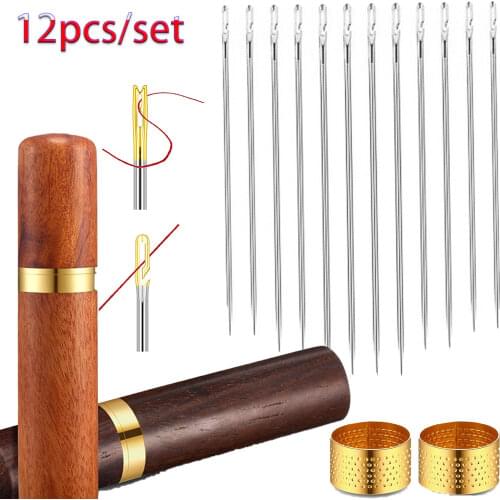 12Pcs Elderly Blind Threading Needle +Sewing Ring for Sewing Household Apparel Beading Needles Big Hole Stainless Steel Needle