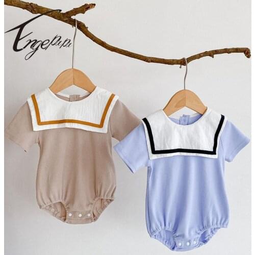 Engepapa Newborn Baby Boys Girls Jumpsuit Navy Collar Short Sleeve Cotton Summer Baby Girls Clothes Infant Baby Girls Bodysuit