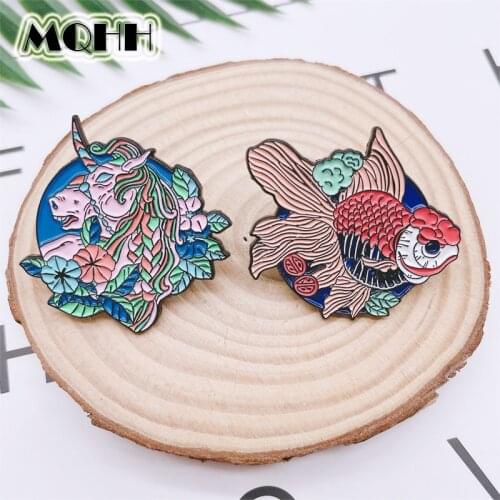 Creative Punk Color Plant Flower Brooch Animal Goldfish Pony Enamel Pins Alloy Badge Retro Fashion Accessories Woman Jewelry
