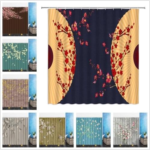 Chinese Style Landscape Shower Curtains Leaves Flowers Bird Painting 3D Bathroom Home Decor Waterproof Polyester Cloth Curtain