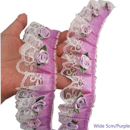 5CM Wide HOT Embroidery Purple 3D flower lace fabric trim ribbon DIY sewing applique collar fringe wedding dress guipure decor