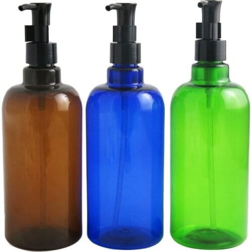 Refillable Big Empty cosmetic cream lotion shampoo pump cleanser oil bottle Round Amber Blue Green plastic bottle 500ml 12pcs